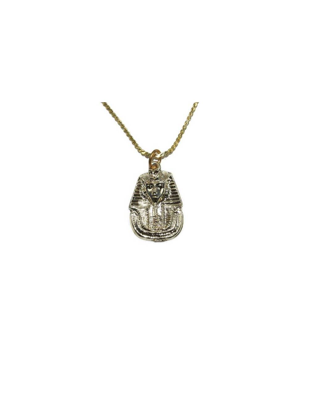 Vintage Gold Tone King Tut Pendant on 18 Inch Chain with Spring Ring Clasp.